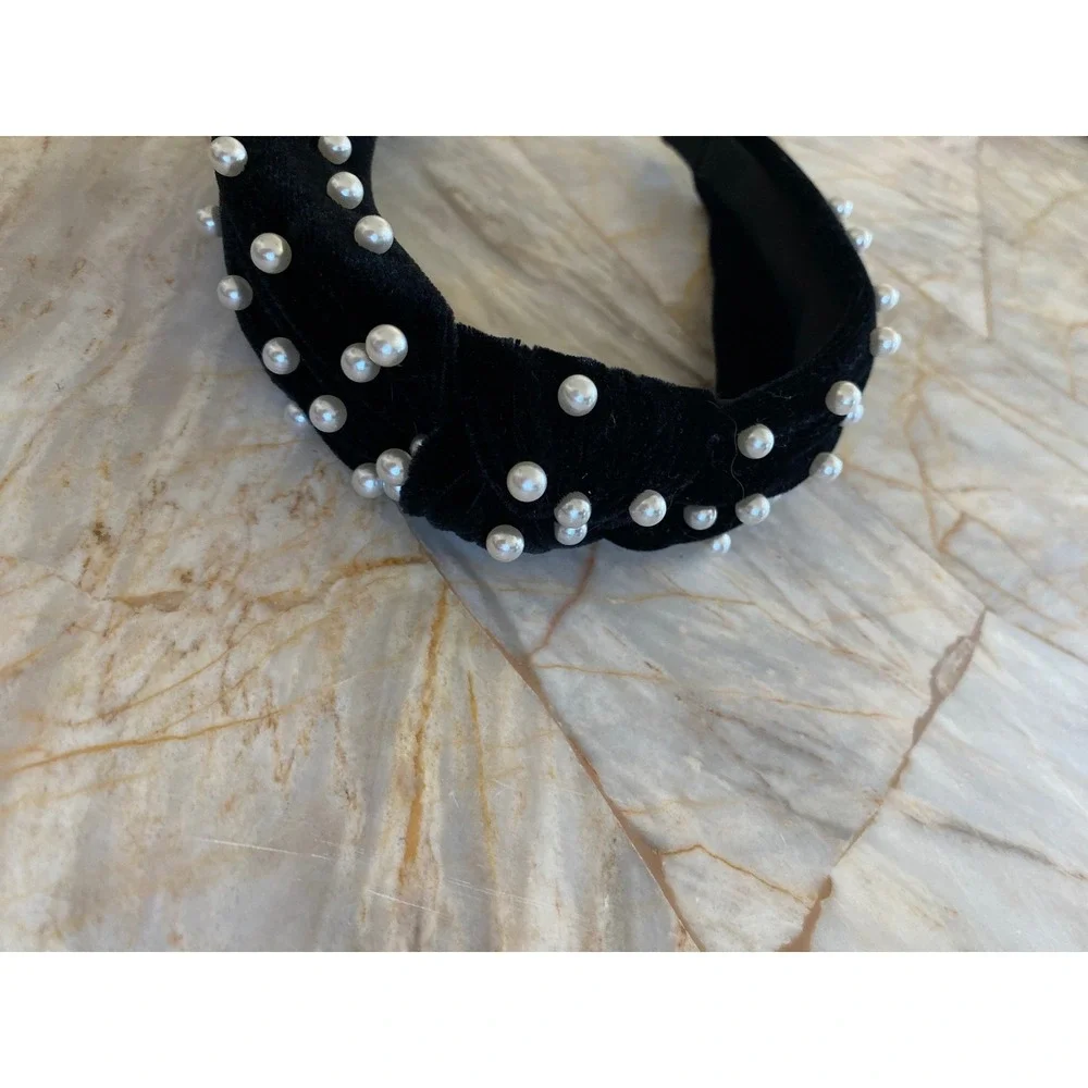 Black Velvet Faux Pearl Top Knot Headband Wide Statement Hair Accessory